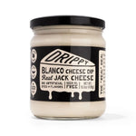 Jar of Drippy Blanco Cheese Dip on a white background
