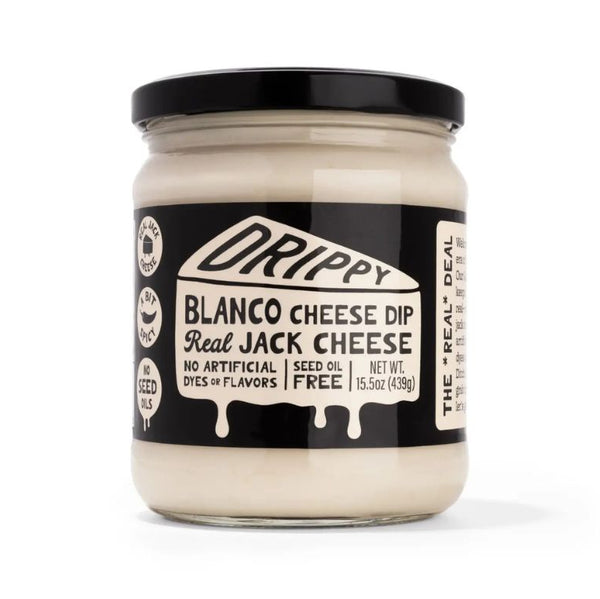 Jar of Drippy Blanco Cheese Dip on a white background