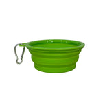 Green collapsible pet bowl with a carabiner on a white background