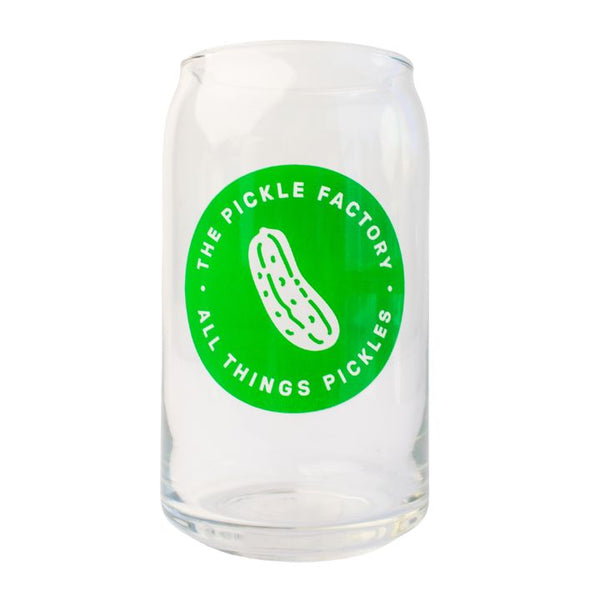 Clear glass can with green 'The Pickle Factory' logo on a white background