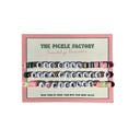 Set of friendship bracelets with letter beads in a 'The Pickle Factory' branded box.