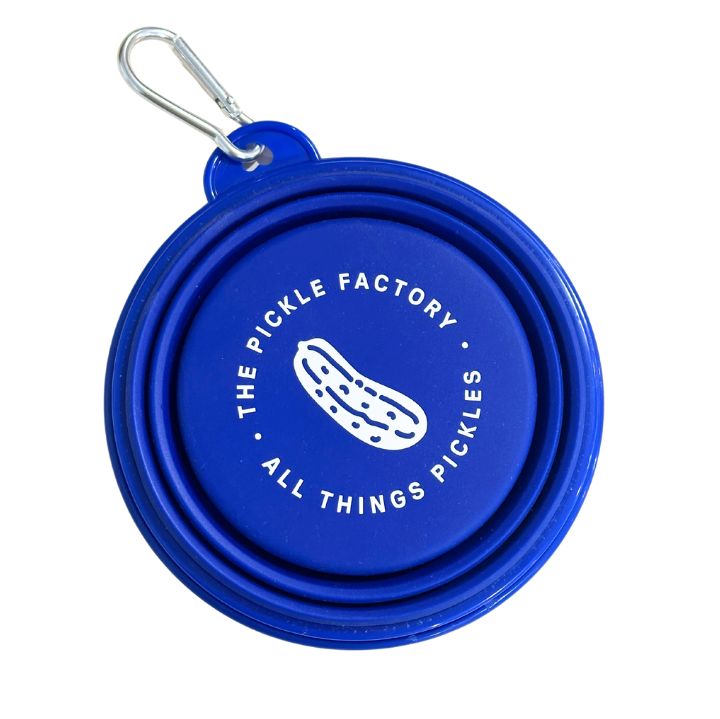 Blue collapsible pet bowl with 'The Pickle Factory' logo on a white background