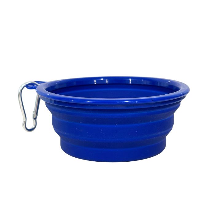Blue collapsible pet bowl with an attached carabiner on a white background