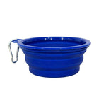 Blue collapsible pet bowl with an attached carabiner on a white background