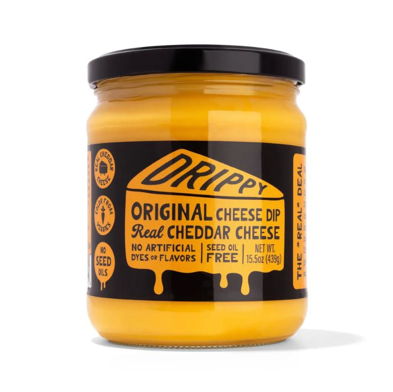 Jar of Drippy Original Cheese Dip on a white background.
