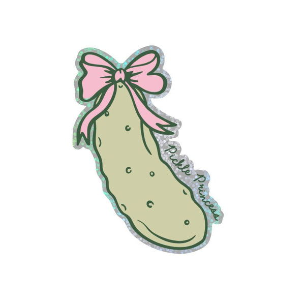 Sticker of a pickle with a pink bow that says 'pickle princess' on a white background