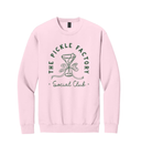 Pink sweatshirt with 'The Pickle Factory Social Club' text and pickle graphic on a white background