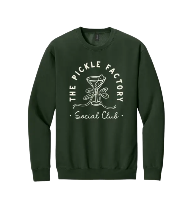 Green sweatshirt with 'The Pickle Factory Social Club' logo on a white background