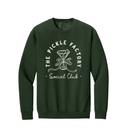 Green sweatshirt with 'The Pickle Factory Social Club' logo on a white background