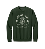 Green sweatshirt with 'The Pickle Factory Social Club' logo on a white background