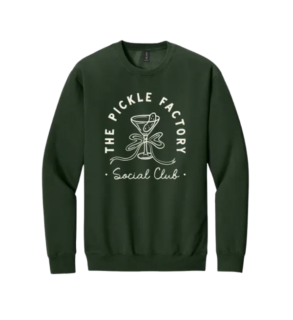 Green sweatshirt with 'The Pickle Factory Social Club' logo on a white background