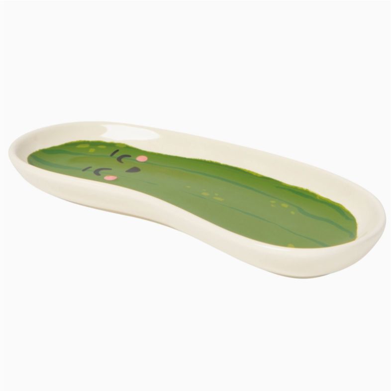 Pickle-shaped tray on a white background