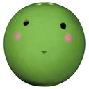 Green pea-shaped salt and pepper shaker with a face on a white background.