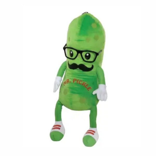 Plush green pickle toy with glasses and a mustache on a white background
