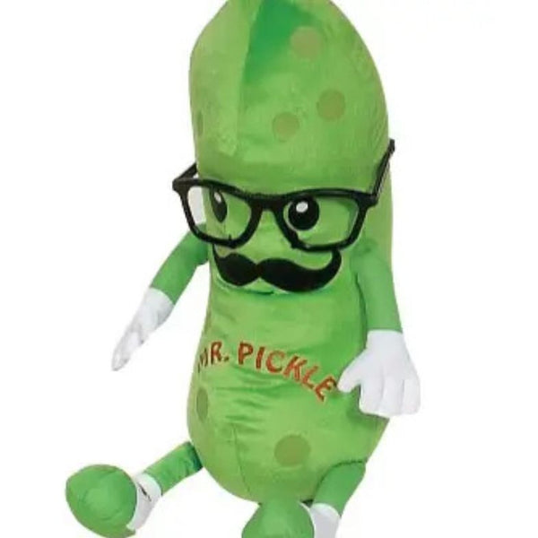Green plush pickle toy with glasses and a mustache labeled 'Mr. Pickle' on a white background