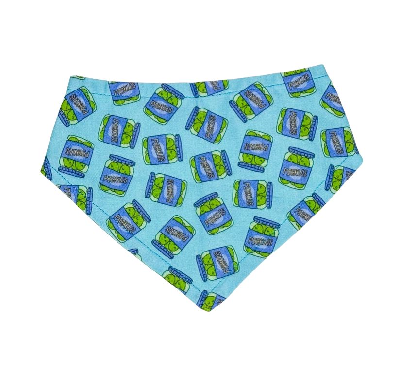 Blue bandana with pickle jar pattern on a white background.