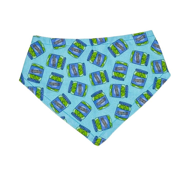 Blue bandana with pickle jar pattern on a white background.