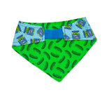 Reversible blue and green bandana with a pickle design on a white background