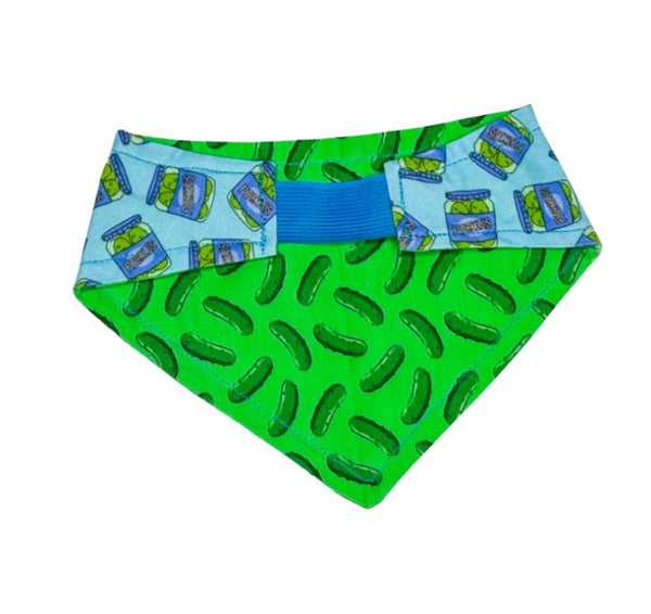 Reversible blue and green bandana with a pickle design on a white background