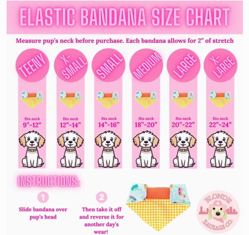 Elastic bandana size chart with cartoon dogs and measurement guide.