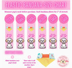 Elastic bandana size chart with cartoon dogs and measurement guide.
