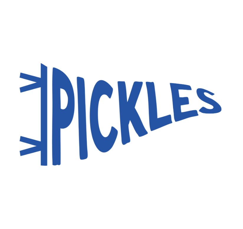 A sticker in the shape of a triangular banner that says 'Pickles' on a white background.