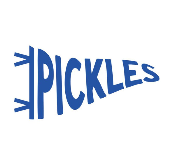 A sticker in the shape of a triangular banner that says 'Pickles' on a white background.