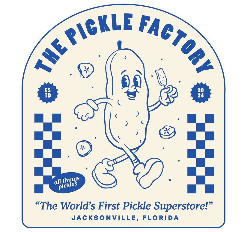 Logo of The Pickle Factory with a cartoon pickle character on a white background