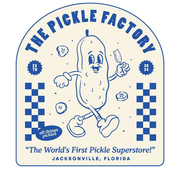 Logo of The Pickle Factory with a cartoon pickle character on a white background