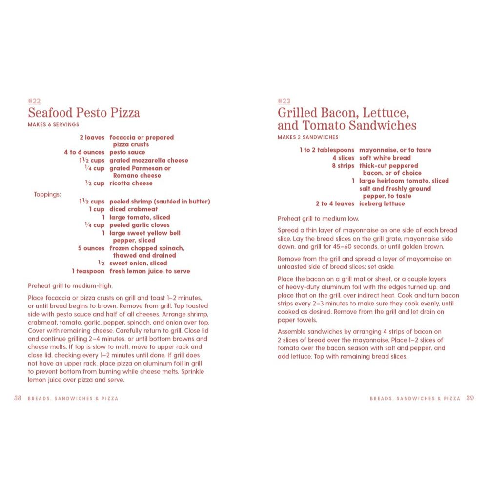 Two recipe cards for Seafood Pesto Pizza and Grilled Bacon, Lettuce, and Tomato Sandwiches on a white background.