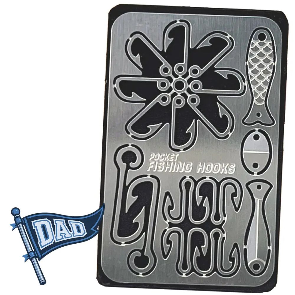 Metallic pocket fishing hooks case with a cartoon 'DAD' flag to the left on a white background.