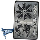 Metallic pocket fishing hooks case with a cartoon 'DAD' flag to the left on a white background.