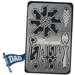 Metallic pocket fishing hooks case with a cartoon 'DAD' flag to the left on a white background.