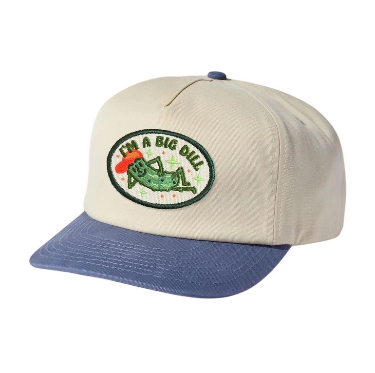Beige cap with blue bill featuring a embroidered design of a pickle that says "I'm a Big Dill"  on a white background