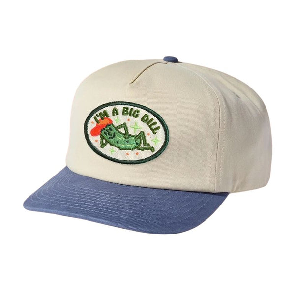 Beige cap with blue bill featuring a embroidered design of a pickle that says "I'm a Big Dill"  on a white background