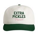 White cap with green brim and text 'Extra Pickles Please!' on a white background
