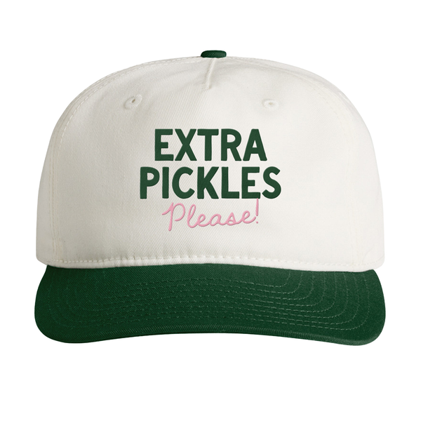 White cap with green brim and text 'Extra Pickles Please!' on a white background