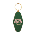 Green enamel hotel-style keychain that reads "Extra Pickles Please!" in pink lettering on a white background.