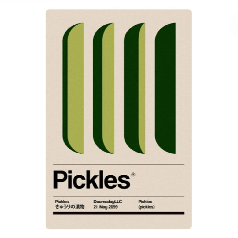 Pickle themed art print on a white background