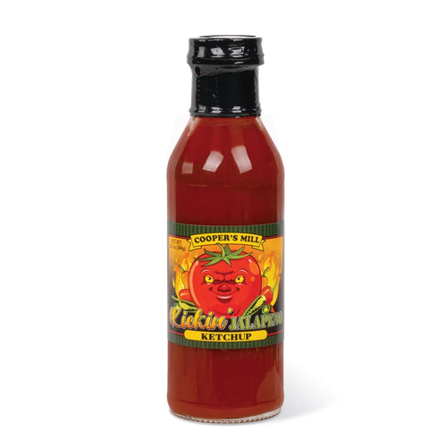 Bottle of Cooper's Mill Kickin' Jalapeno Ketchup on a white background