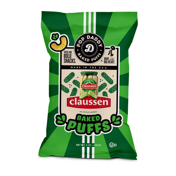 Green bag of Pop Daddy Claussen Baked Dill Pickle Puffs on a white background.