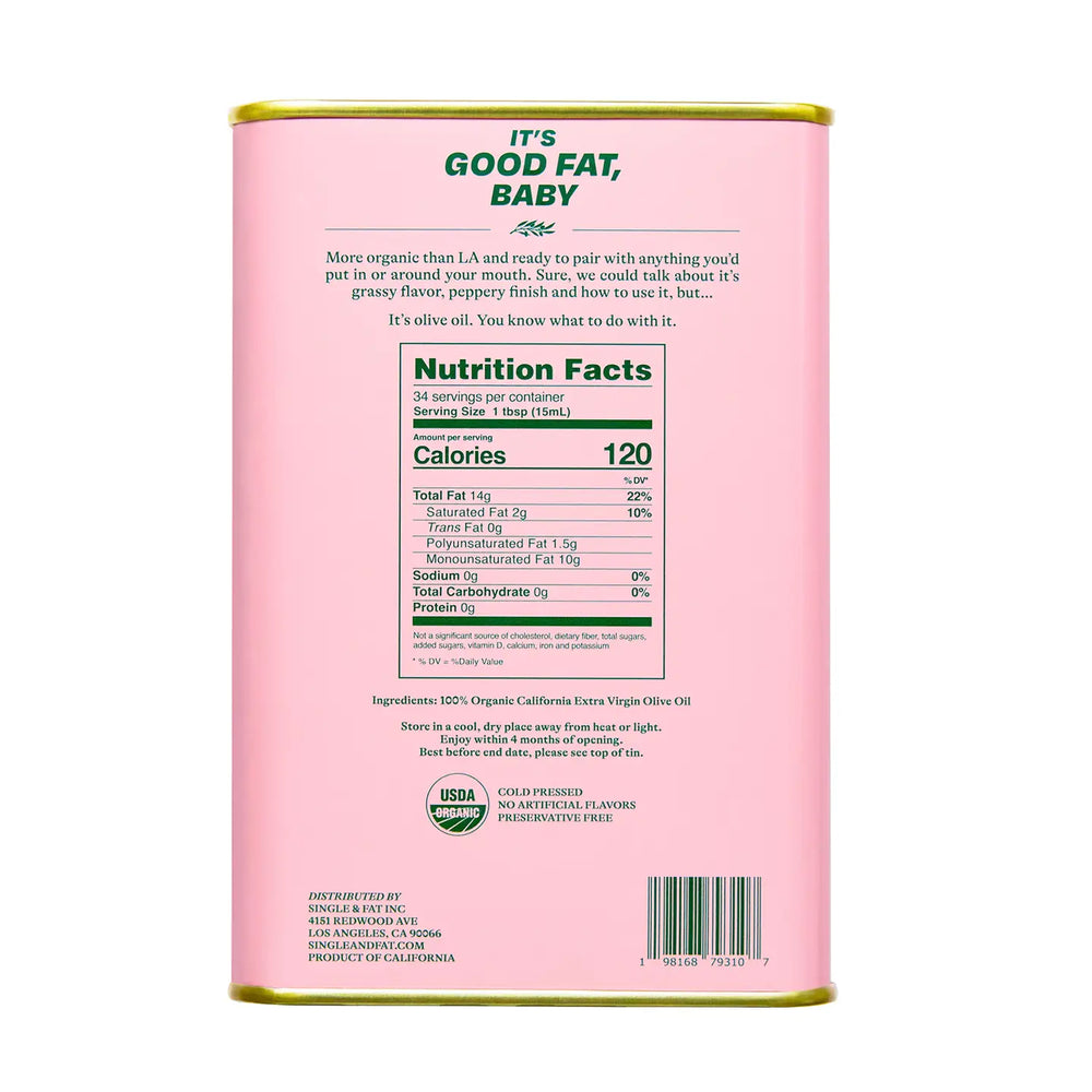 Pink olive oil can with nutrition facts label on a white background