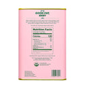 Pink olive oil can with nutrition facts label on a white background