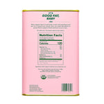 Pink olive oil can with nutrition facts label on a white background