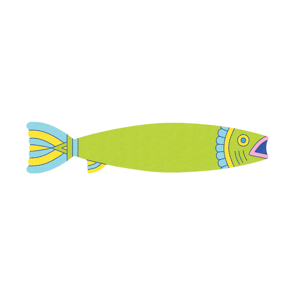 Green sardine sticky note on a white background