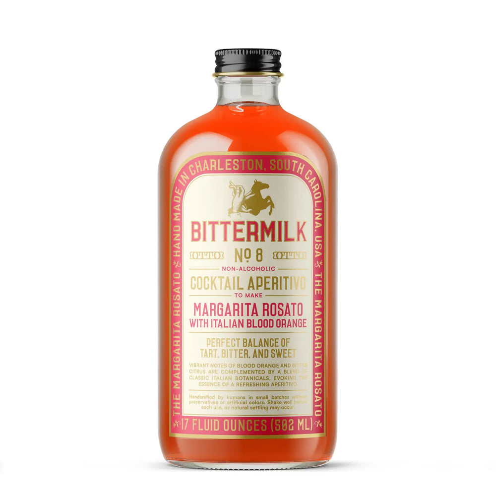 Bittermilk bottle No. 8 with red and gold label on a white background