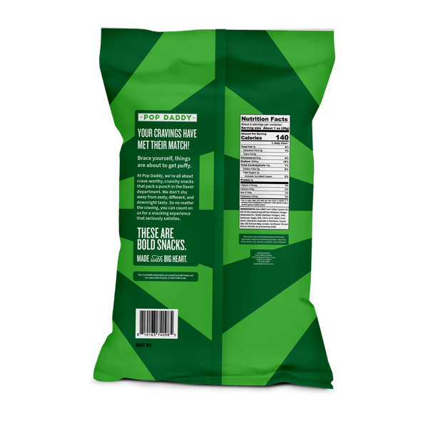 Back of Pop Daddy dill pickles puffs with product and nutrition fact details. 
