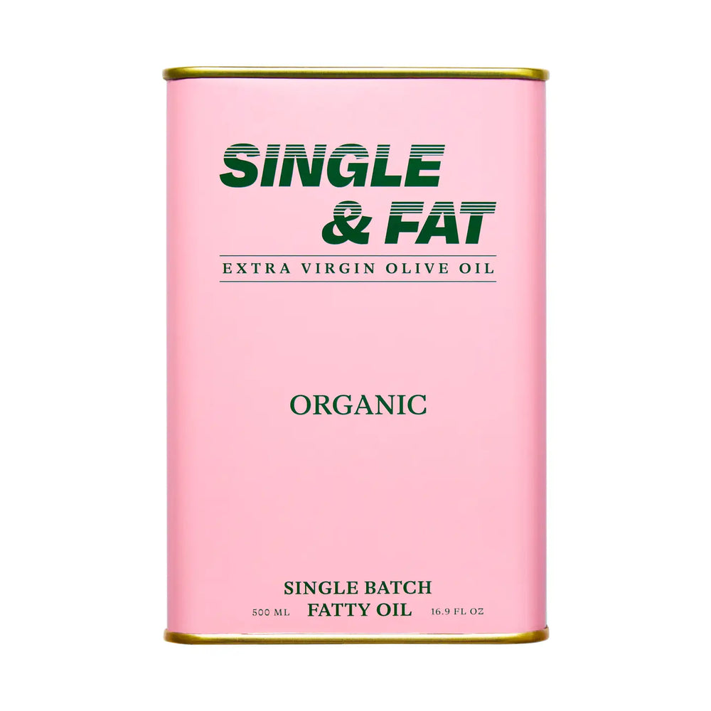Pink can of Single & Fat Extra Virgin Olive Oil on a white background
