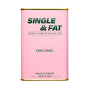Pink can of Single & Fat Extra Virgin Olive Oil on a white background