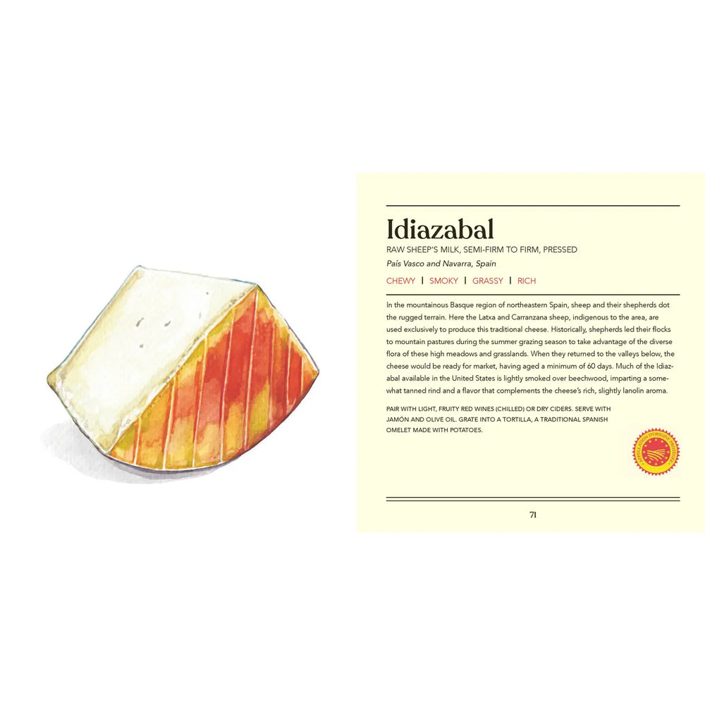 Idiazabal cheese with descriptive text on a white background